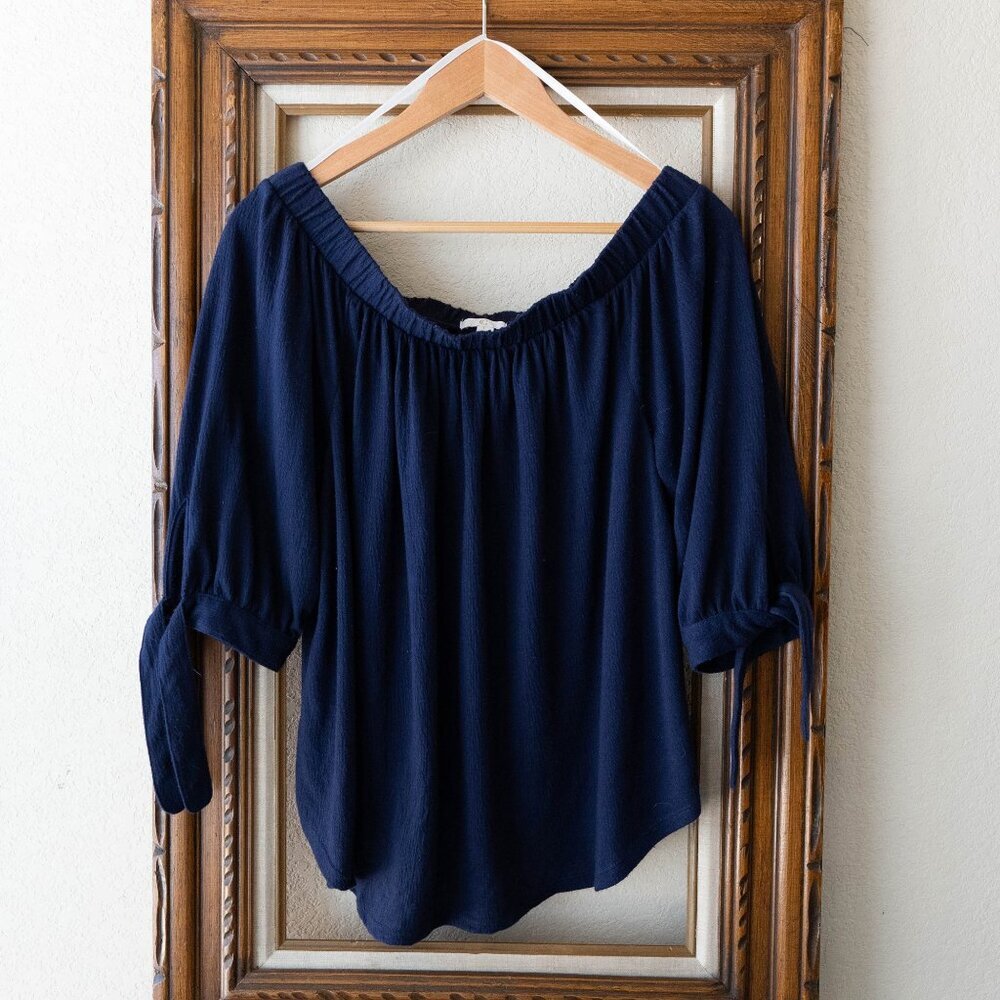 Charming Charlie Navy Off-Shoulder Blouse | Size L | Tie Sleeve Boho Top